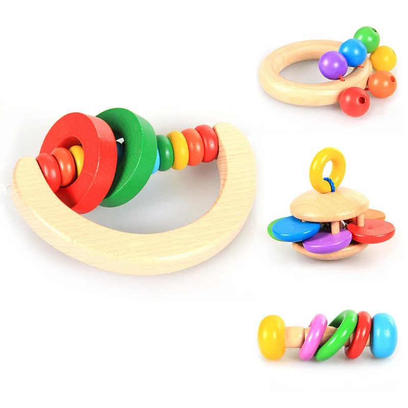 Wooden Bell Rattle Toys Baby Handbell Instrument Rattles for Children