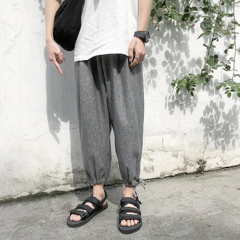 Summer Drawstring Trousers Japanese Style Men's Loose Casual Ninth Pants Pure Color Cotton Fashion | Мужская одежда