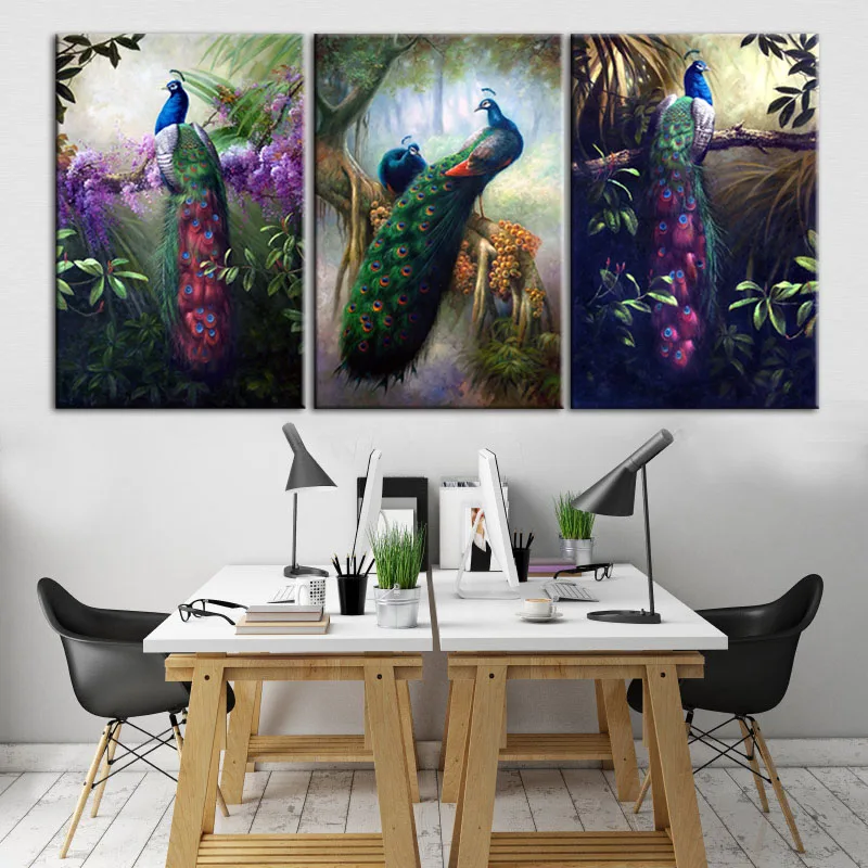 

Peacock Combination Canvas Print Painting Colorful Peahen Feather Picture Traditional Animal Artwork For Home Wall Decor 3Pcs