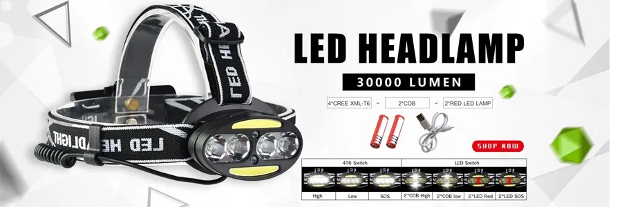 30000 Super Bright Headlight Lumen Headlamp 4* T6 2*COB+2*Red LED Head Lamp Flashlight Torch Lanterna With Batteries Charger