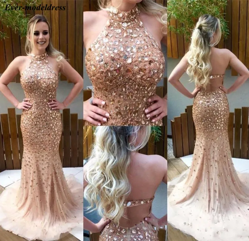 

Luxury Gold Mermaid Prom Dresses Backless Beaded Sequined Party Gowns 2019 vestidos de graduacion