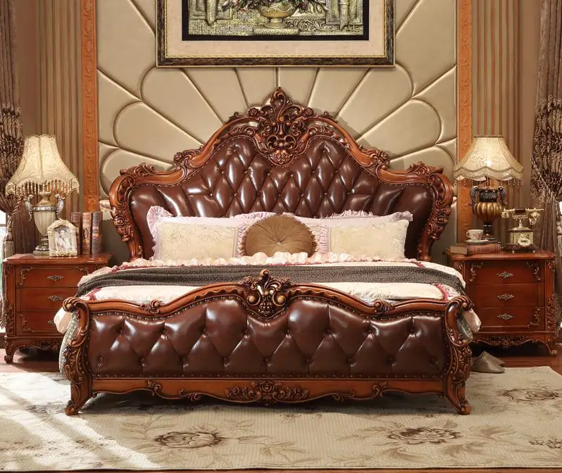 European Style Wooden Double Bed Furniture, Bedroom, Luxury Villa, American Leather Bed.