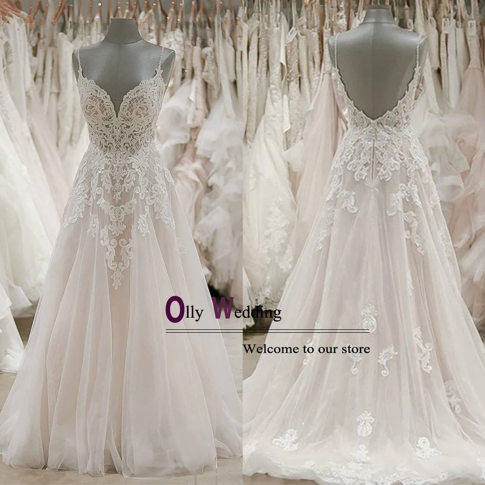

2019 Beach Wedding Dresses for bride Spaghetti Straps Open Back Lace Bridal Gowns Romantic Vestido De Novia Robe de Mariee Longo