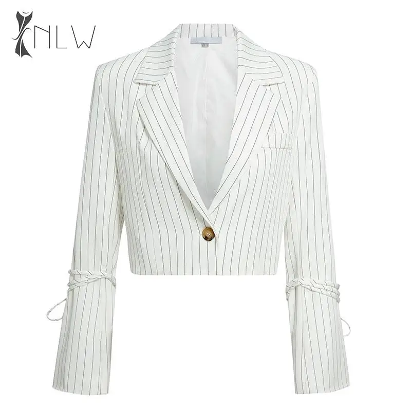 NLW White Stripe Women Blazers Jackets Long Sleeve Short Autumn Winter Blazer Streetwear Pockets Belt Business Blazer