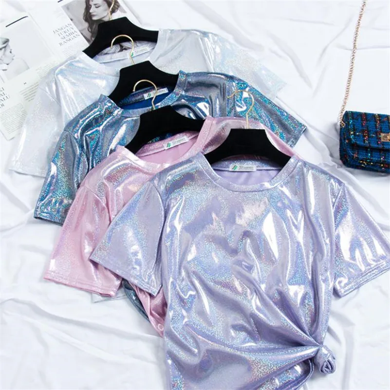 

2019 Summer Fashion Light Shiny T-Shirt Women Glossy Short Sleeve T-Shirts Girls Casual Slim O-neck loose Pullover Tops y331