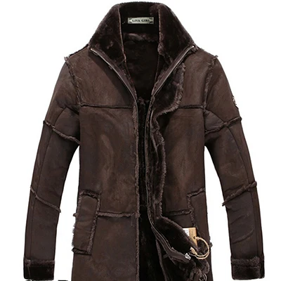 Мужская мода Ретро Винтаж кожаная замшевая куртка длинный искусственный мех пальто для мужчин зимние толстые теплые бархатные с подкладкой - Цвет: Chocolate
