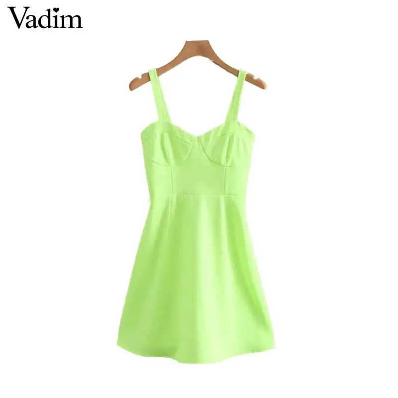 

Vadim women fluorescence mini dress side zipper back elastic spaghetti straps sleeveless female casual dresses vestidos QB517