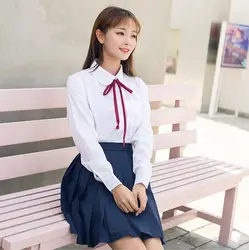 Японский Корейский стиль для девочек, школьная форма, костюм с длинными рукавами, белая футболка, топ, темно-синяя плиссированная юбка с