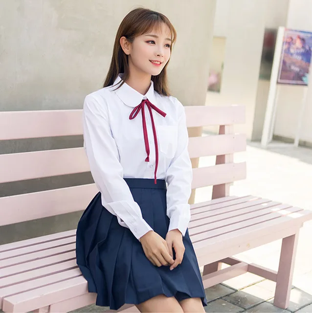 Girls Japanese Korean Style School Uniform Long sleeve Costume White T shirt Top Navy blue