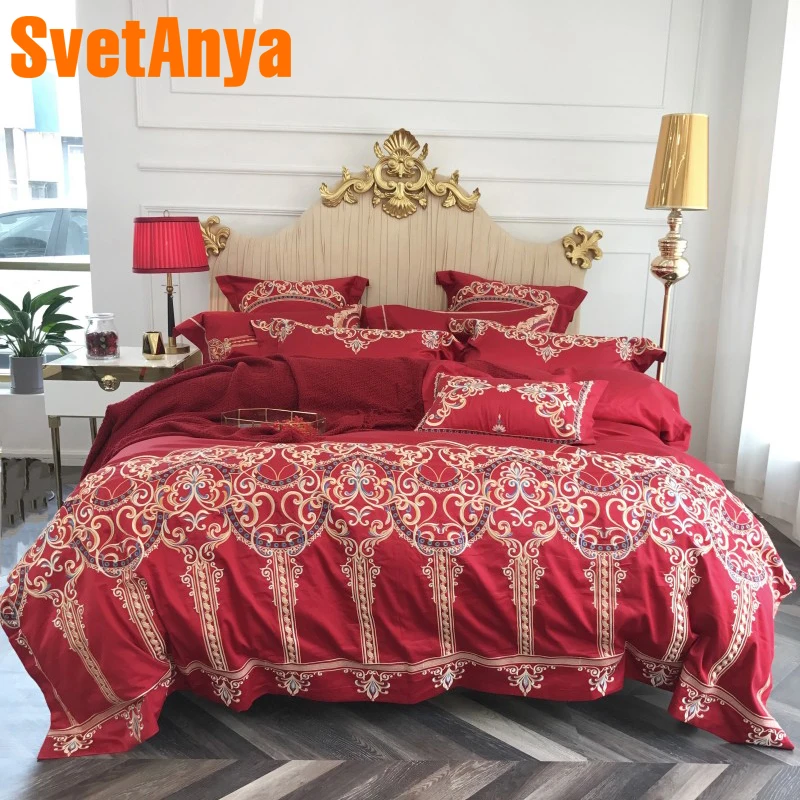 

Svetanya Embroidery luxury Bedding Sets Wedding egyptian Cotton Bed Linens Queen King Size Sheet Pillowcases Duvet Cover Set Red