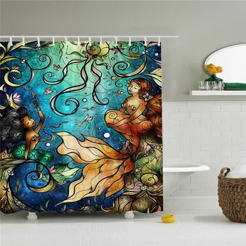 

Mermaid At The Meeting Shower Curtain-Polyester Waterproof Shower Curtain 12 Hooks Included,Bathroom Accessories,72" x 72"