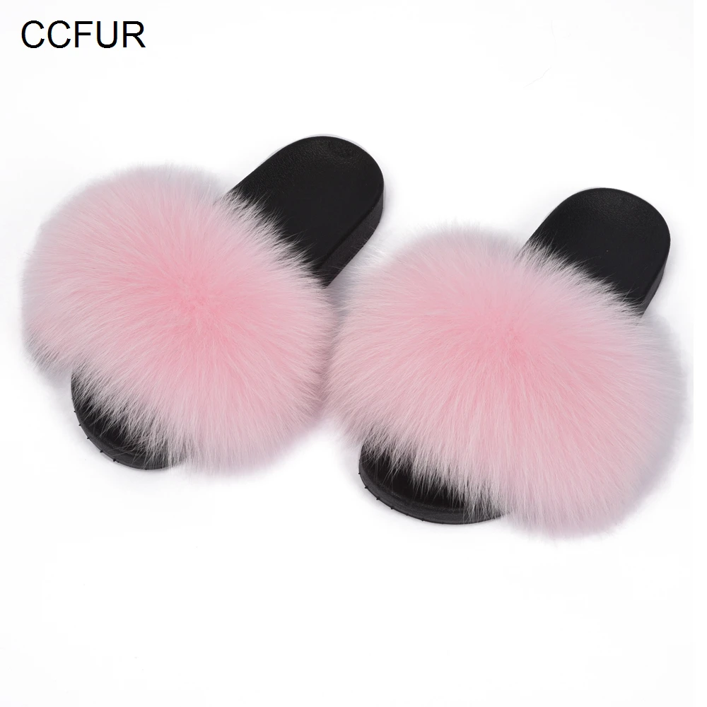 Women&#39;s Real Fox Fur Slides Flip Flops Flat Soft Fur Sliders Slippers Wholesale S6018E-in ...