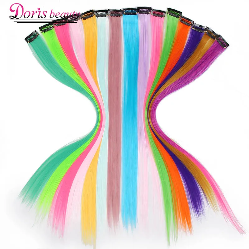 Doris beauty Colored Highlight Synthetic Hair Extensions Clip In One Piece Pink Purple Color Strips 20\