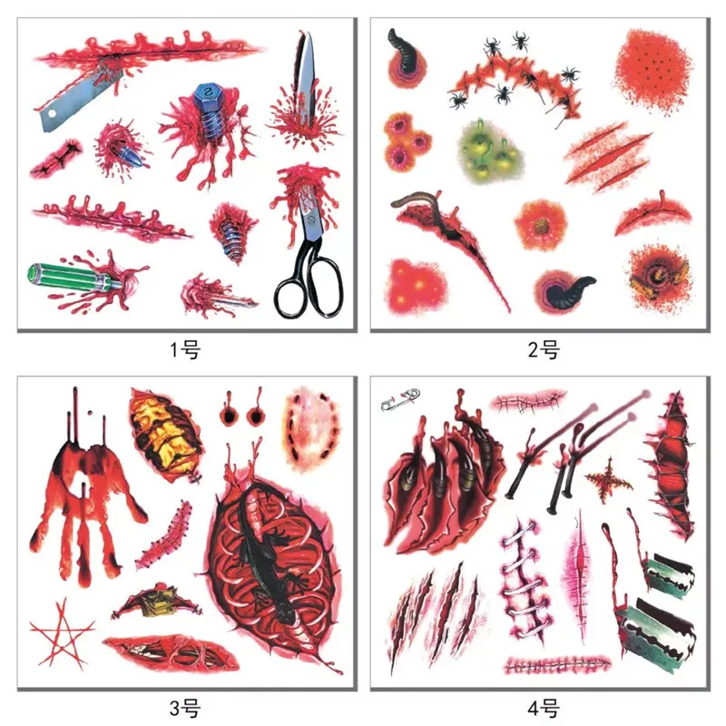Временные татуировки наклейки на Хэллоуин шрамы большие татуировки супер реалистичный эффект кровяная вспышка Татуировка паста макияж Девушка Мальчики тату