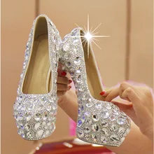 2016 Women High Heels Prom Wedding Shoes Lady Crystal Platforms Silver Glitter Rhinestone Bridal Shoes Thin Heel Party Pump
