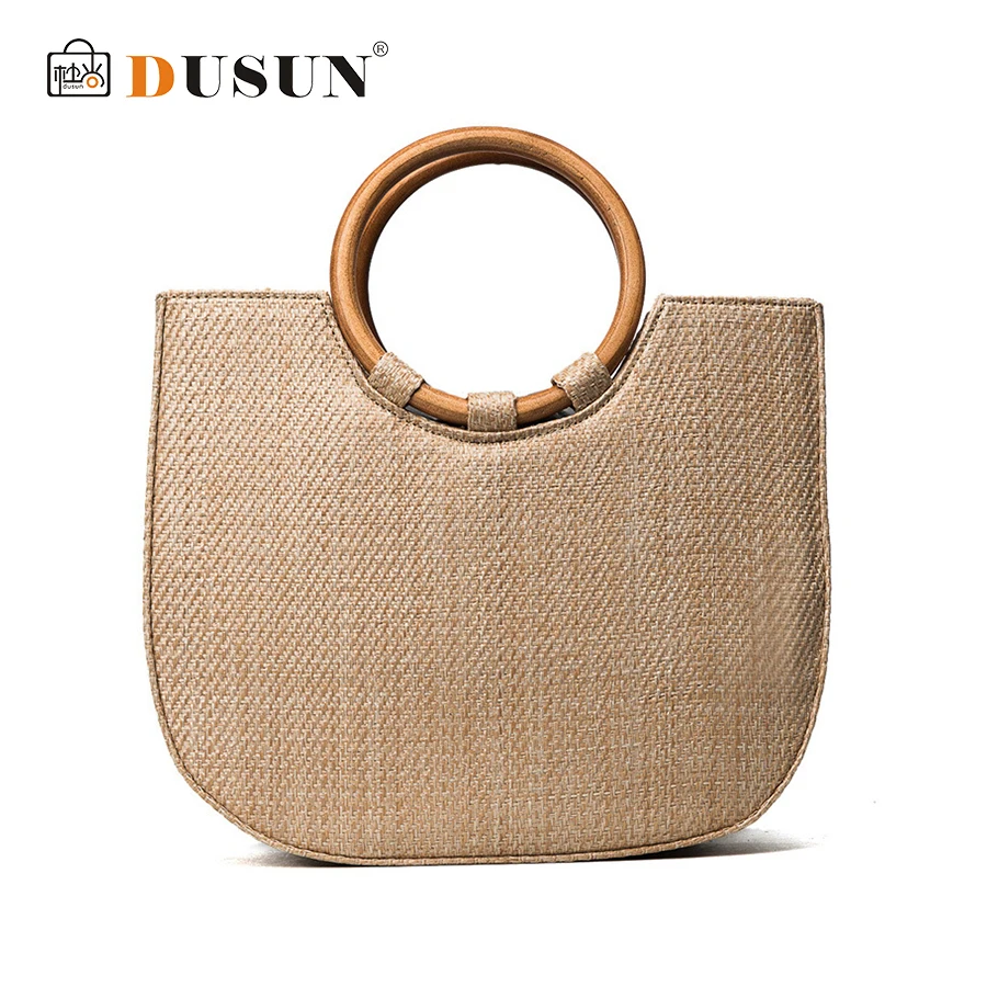 

DUSUN Bohemian Summer Straw Bag Wood handbag Ladies Beach String Ring Wooden Handle Casual Tote Knitting Woven Bolsa Rattan Bag