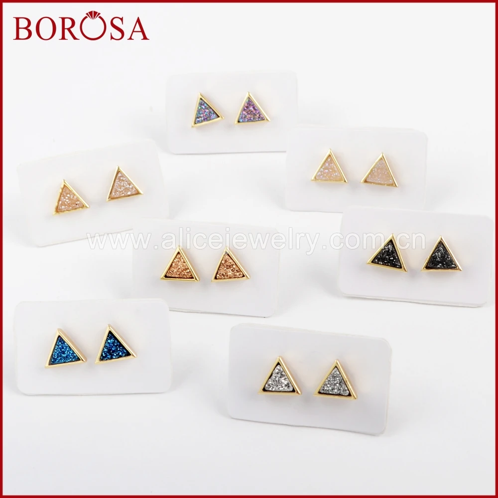 BOROSA 5/10 пар, треугольные серьги-гвоздики золотого цвета, радужные титановые серьги-гвоздики Druzy, модные серьги Drusy, ювелирные изделия для женщин ZG0279