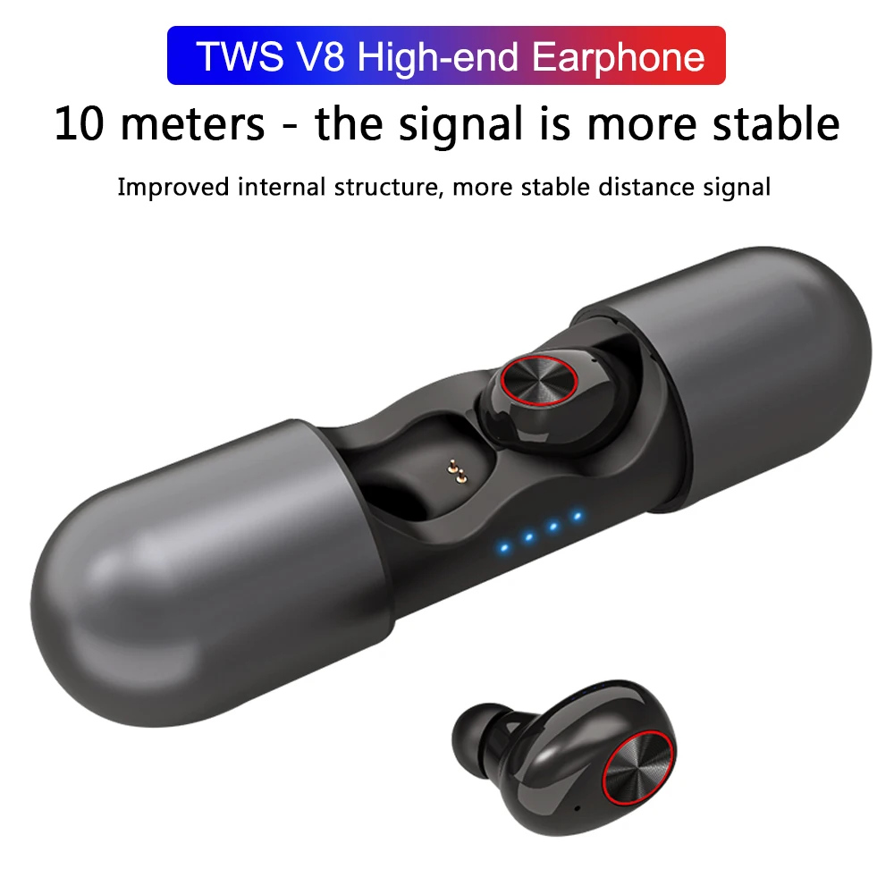 

TWS V8 Mini Wireless Cordless Earphone Hifi Bluetooth 5.0 Earphones In-Ear Earbuds Music Headset Sport Long Standby Charging Box