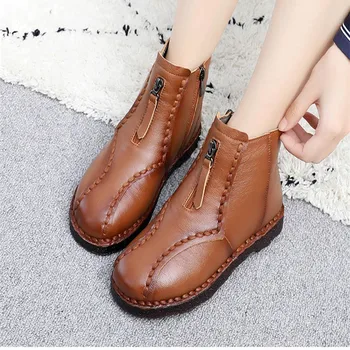 

snow boots New Fashion European Style Ankle Boots Flats Round Toe Black Zip Boots Genuine Leather Woman Shoes With Warm Plush