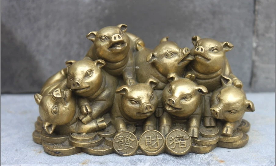 

Chinese Brass Copper Lucky Zodiac Wealth Pigs Home Feng Shui statue a 0518