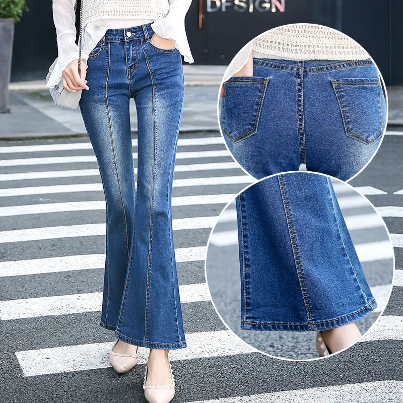 High Street Flared Jeans Pants Women High Waist Slim Fit Denim Blue Femme Jeans Push Up Ladies Fashion Trousers Mom Jeans