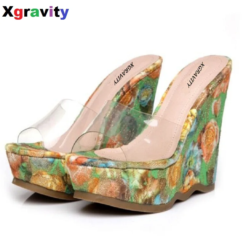 

Drop Shipping 2017 Summer Lady Fashion High Heel Wedge Sandals Elegant Flower Design Woman High Heel Pumps Casual Slippers B004