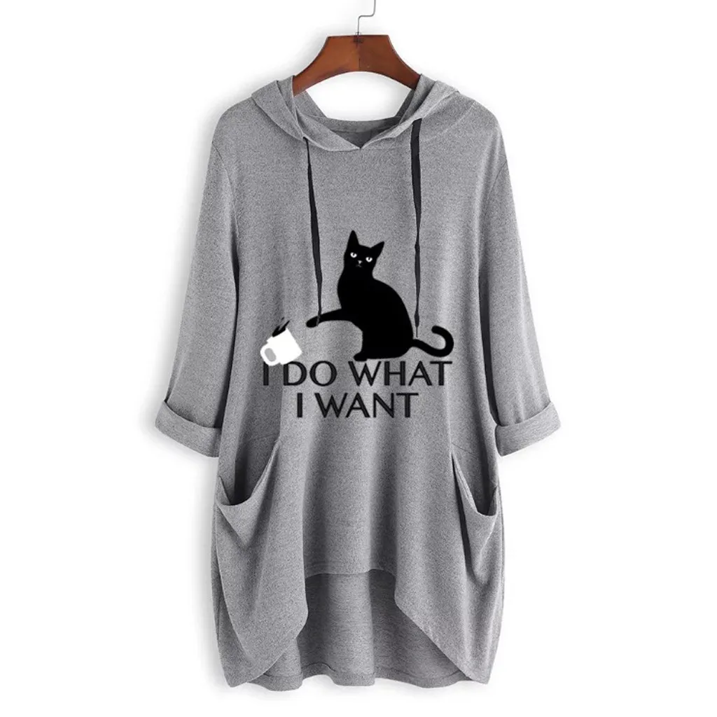 Модная женская Повседневная рубашка с капюшоном и длинными рукавами с принтом кошачьими ушками и карманами; сезон осень-зима