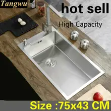 Роскошная большая кухонная ручная раковина одинарная мойка овощей 304 из нержавеющей стали, Горячая 750x430 мм