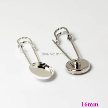 

16mm New Silver Plated Brass Blank Round Deep Wall Bezel Tray Cabochon Brooch Bases Safety-pin Clip Brooches Settings Findings