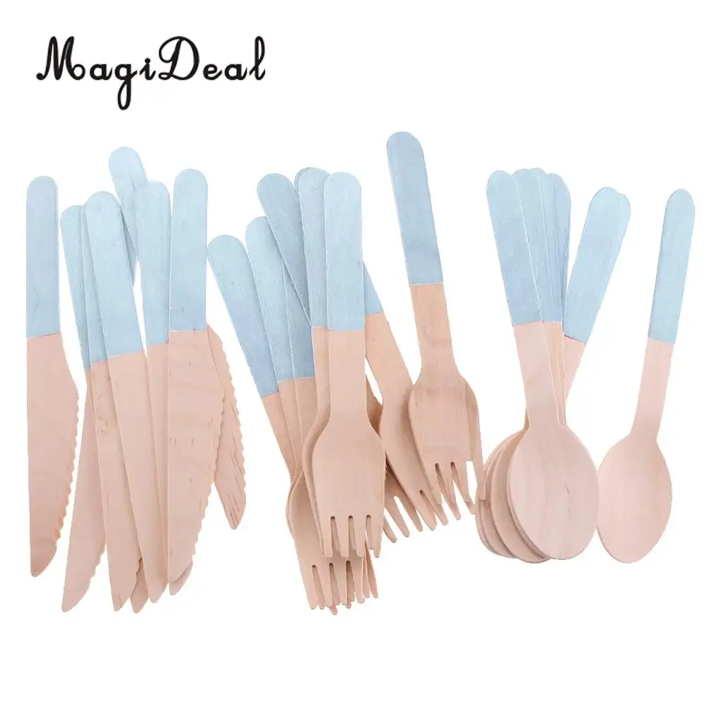 

24 Pieces Disposable Wooden Utensil Fork Spoon Knife Tableware Set Blue