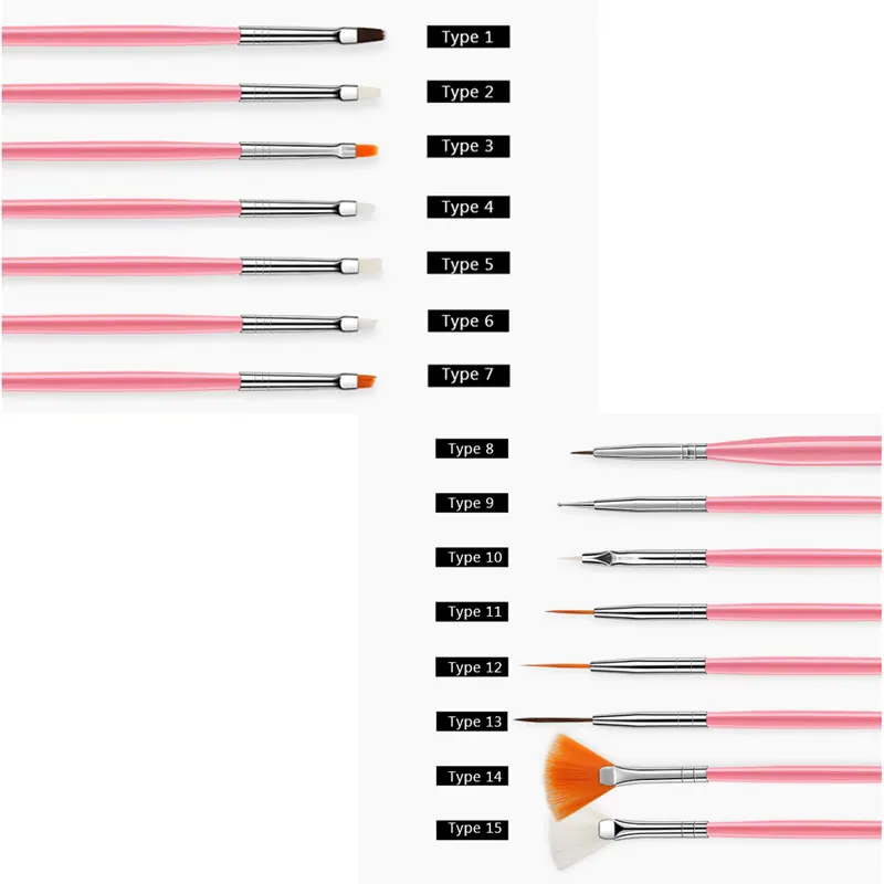 15 шт. для дизайна ногтей, кисть для нанесения лака, дизайн веера, акриловый строитель, плоская кристальная живопись, рисунок, ручка для резьбы, УФ-гель, набор инструментов для маникюра
