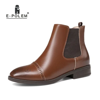 

New Stylish Female Genuine Leather Chelsea Boots Alternative Regular/Velvet Lining Boots Low Heel Women Brogue Ankle Boot