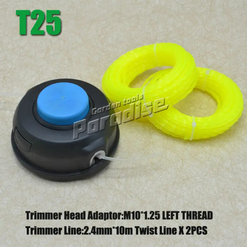 

T25 M10*1.25 Left Thread Easy Load Brush Cutter Trimmer Head with 2PCS 2.4MM X 10M Twist Light yellow trimmer line