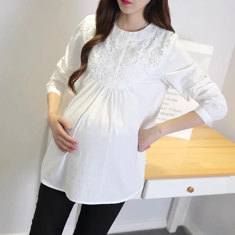 

Cotton Long Sleeve Pregnant Dress Blouses Shirts Women Maternity Tops Clothes Lace flower Pregnancy Clothing Plus Size 2017 New