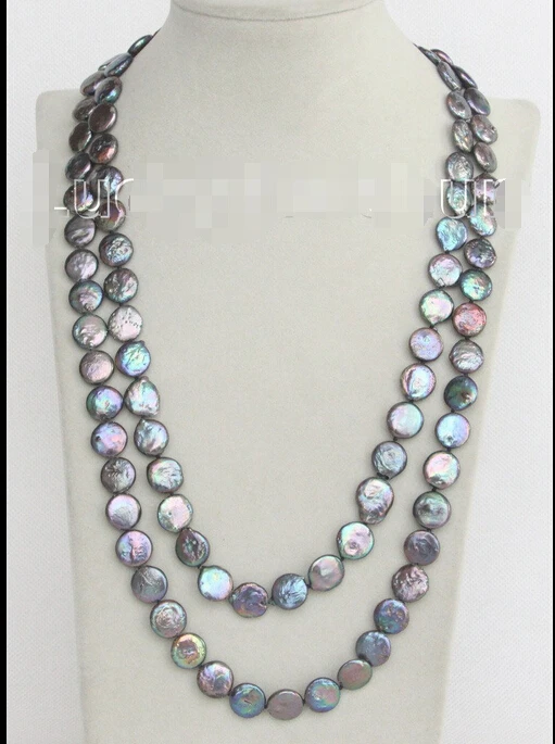 

FREE shipping>>> >>>length 48" 12mm coin fastener black freshwater pearls necklace j10 6.07