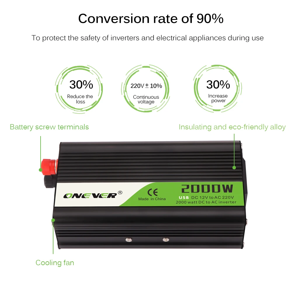 Onever инвертор 12 В 220 в 2000 Вт Инвертор постоянного тока в переменный 12 В до 220 В автомобильный преобразователь напряжения с USB Автомобильное зарядное устройство для iPhone 6 7 8