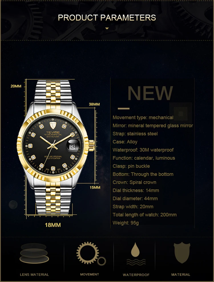 Men Watch TEVISE 629 Automatic Watch Waterproof Business Date Mechanical Men's Watches Diamond Luminous Hands Wristwatches