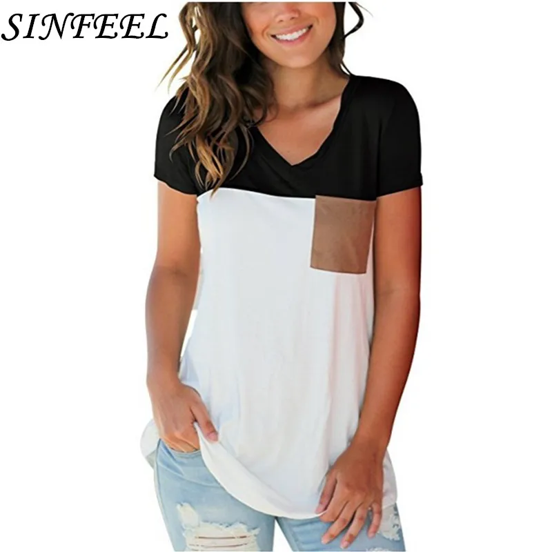 5xl Women 2018 New Summer Fashion T-shirt V-Neck Short Sleeve Patchwork Pocket Loose T shirts Female Casual Tops Tees plus size | Женская