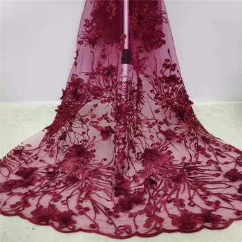 

Hot Sale African Lace Fabric 2019 High Quality Lace Teal red Embroidery 3D Flower Tulle Lace Fabric African Lace Beaded 5 Yard