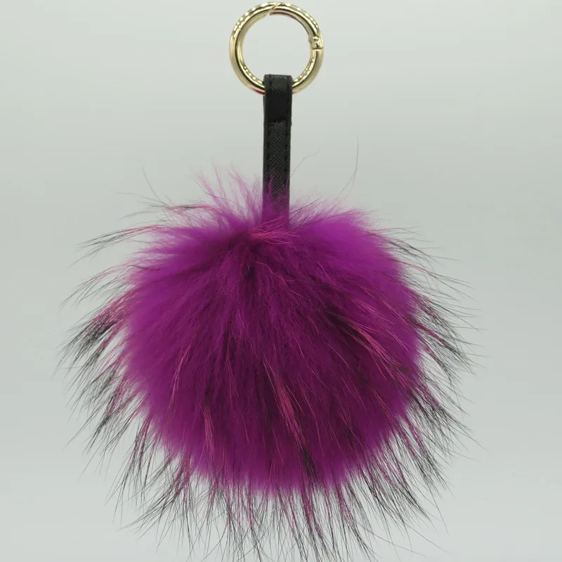 15 см пушистый мех енота мяч розовый натуральный мех брелок большой помпон брелки черный помпон Брелки для женщин украшение подвеска на сумку - Цвет: Purple