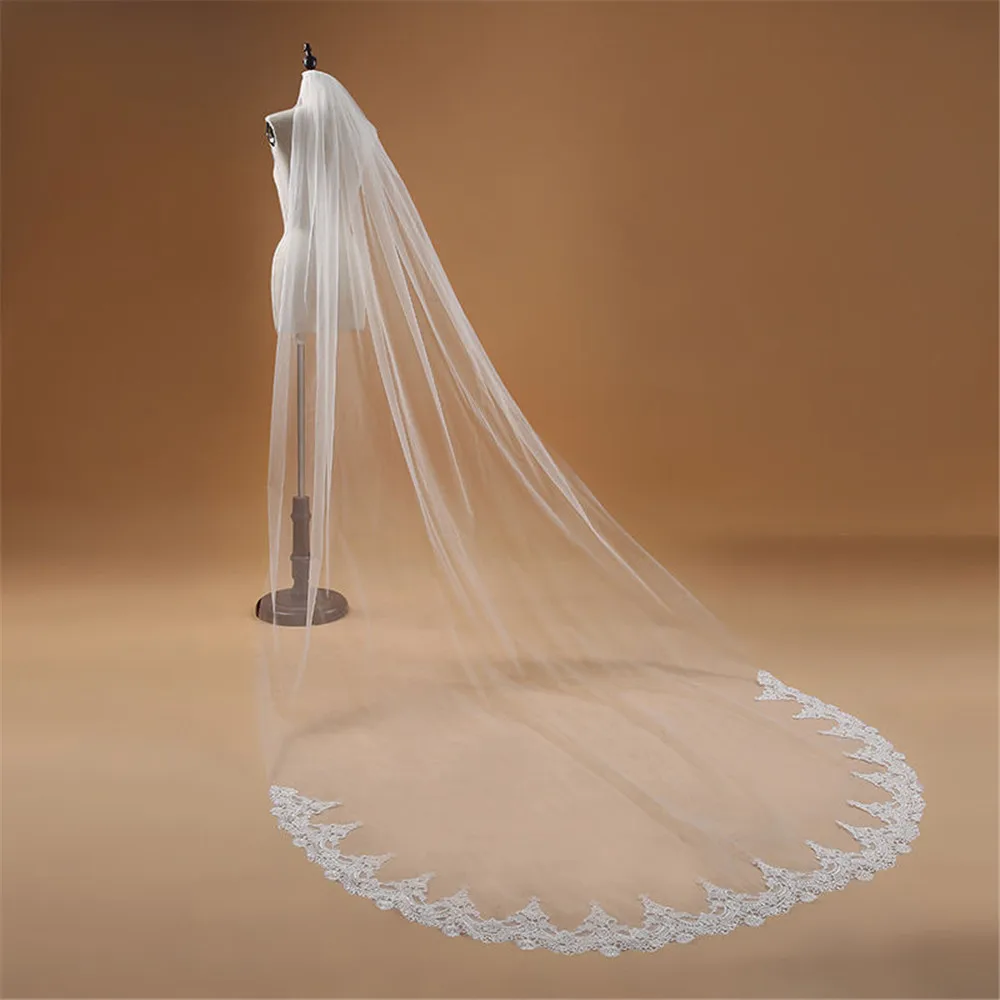 One Layer Lace Edge Cathedral Wedding Veil With Comb White Ivory Long Bridal Veils 2019 Wedding Accessories voile mariage