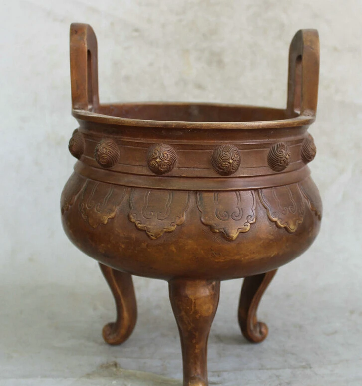 

Elegant old S5610 10" Marked Chinese Copper Bronze Dynasty 3 Foot Round Incense Burner Censer statue