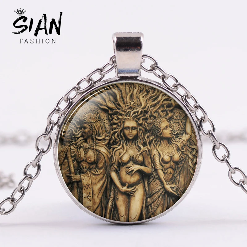 

SIAN Vintage Statue of Triple Moon Goddess Necklace Tree of Life Wicca Pentagram Magic Amulet Pendant Necklace Women Gift Choker