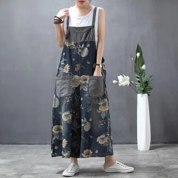

Summer Retro Old Hit Color Patch Printing Strap Women Trousers Large Pocket Loose Large Size Casual Wide Leg Pants