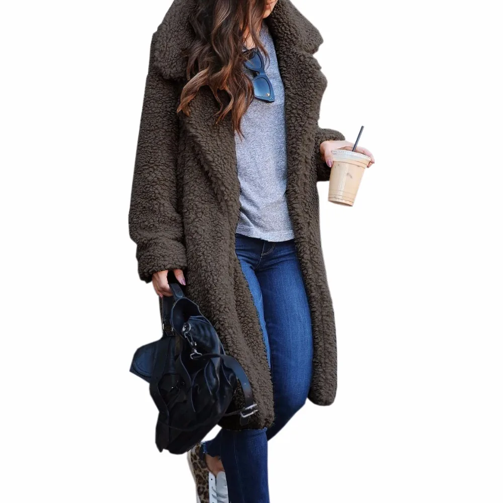 

Women Wool Blends Office Lady Long Coats Fleece Jackets Winter Warm Teddy Coat Cardigan Fuzzy Tops Overcoats Plus Size M0166