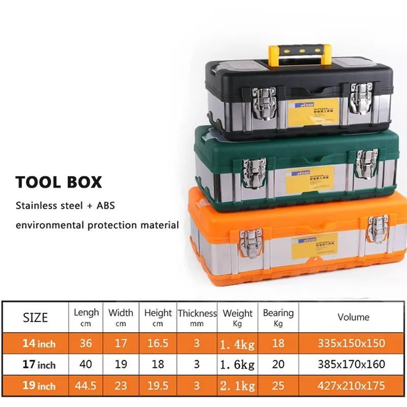 Бытовой портативный большой пластиковый ящик для инструментов из нержавеющей стали, рабочий ящик для инструментов, органайзер для инструментов, оборудование для ремонта автомобиля, электрик