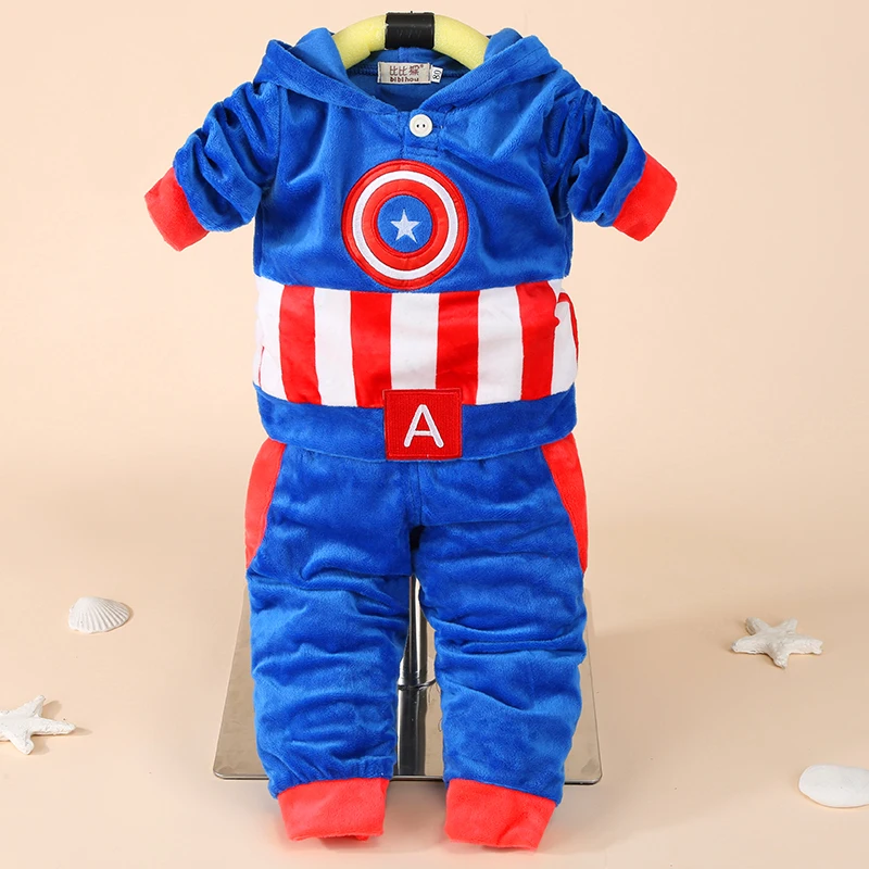 Одежда для новорожденных мальчиков осенне-зимний спортивный костюм толстовка с капюшоном и штаны «Капитан Америка», костюм, костюм Одежда для младенцев, комплекты для малышей - Цвет: Blue