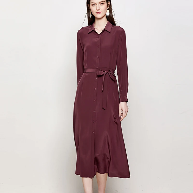

Women Silk Dress 16mm 100% REAL SILK Crepe Office Lady Long Dresses for Women Heavy Silk 2019 Spring New Belted Dress Brown