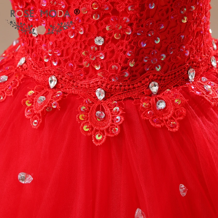 Quinceanera Dress Ball Gown Halter Neckline Lace Top Red Puffy Tulle Real Photos