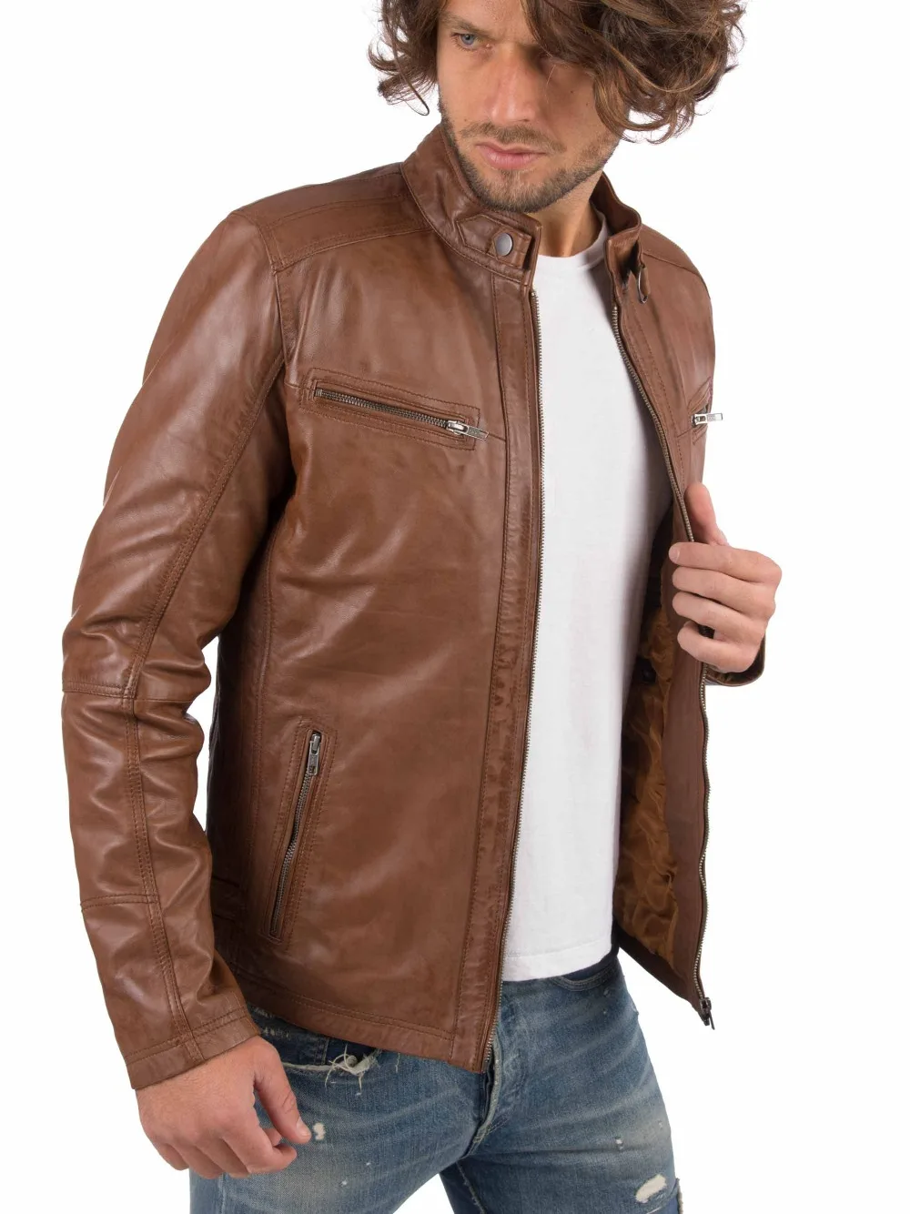 Mens Brown Biker Moto Real Sheep Leather Jacket